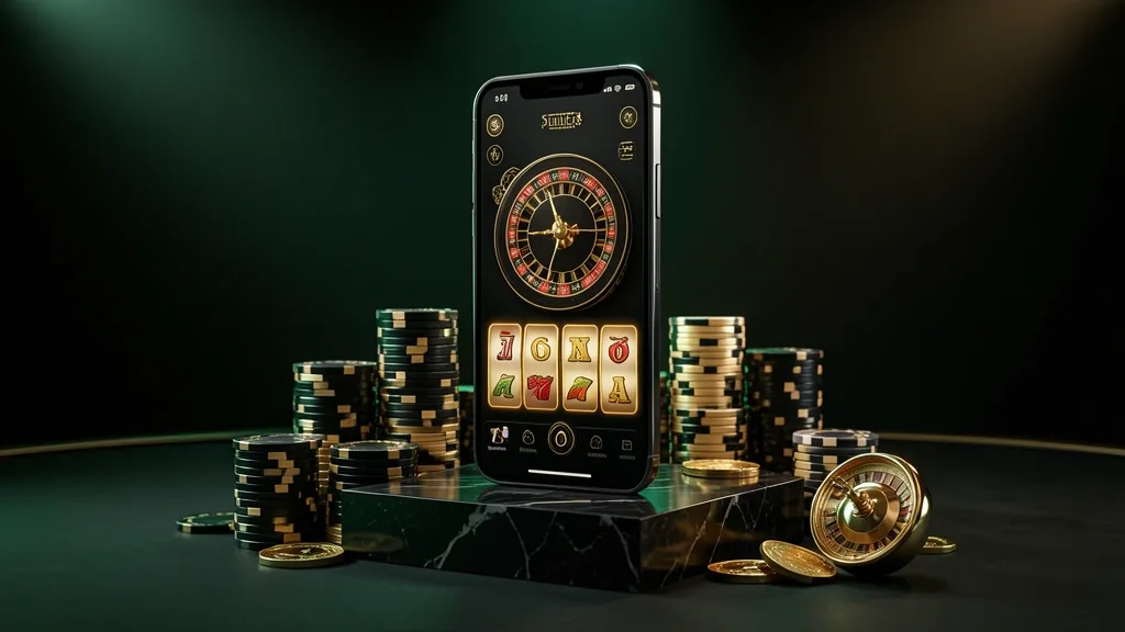 Celular vertical con aplicación de casino, fichas y monedas doradas
