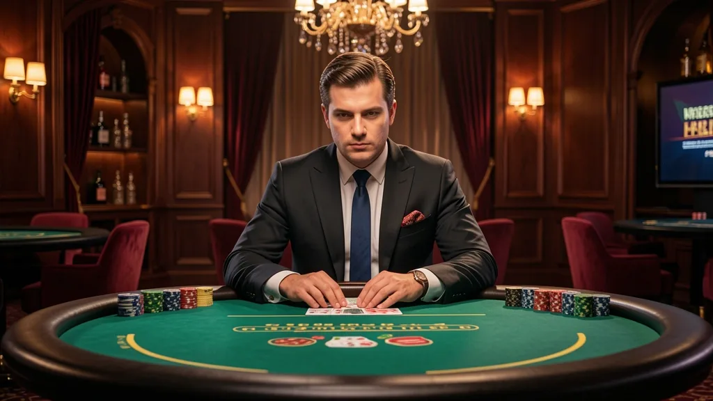 Crupier en mesa de blackjack dentro de elegante estudio de casino