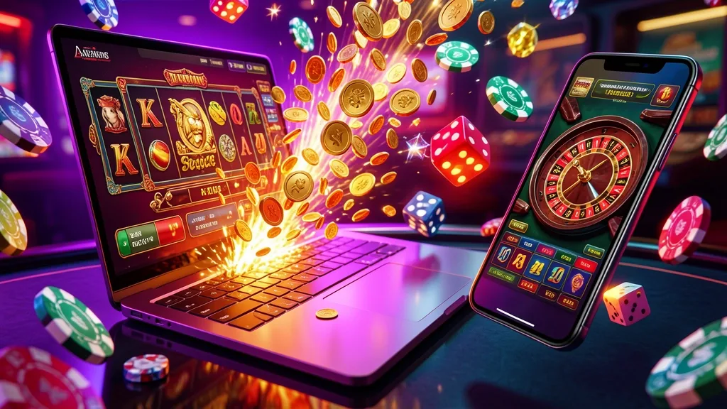 Laptop y celular con tragamonedas, ruleta y monedas doradas volando