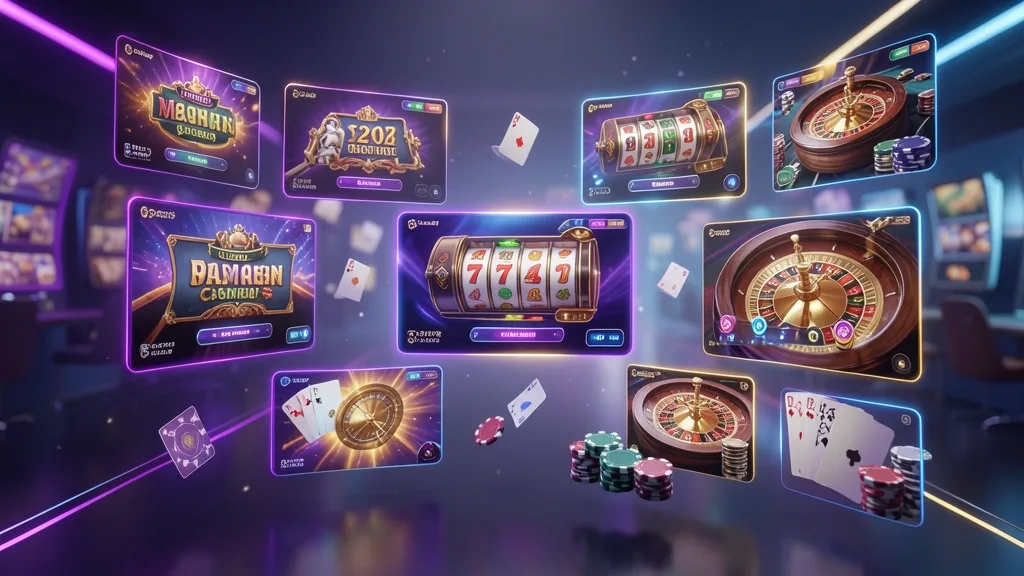 Ventanas flotantes muestran tragamonedas, ruleta, póker y fichas doradas