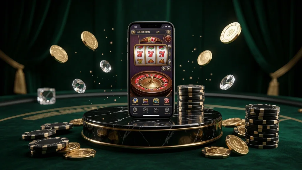 Celular con aplicación de casino sobre pedestal de mármol negro