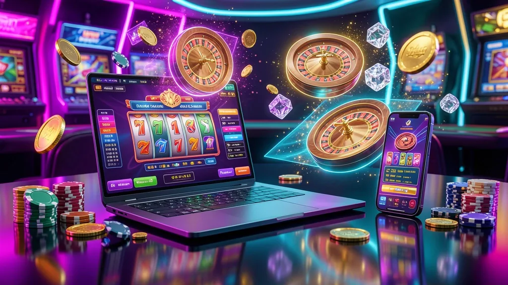 Laptop y celular muestran juegos de casino con efectos holográficos