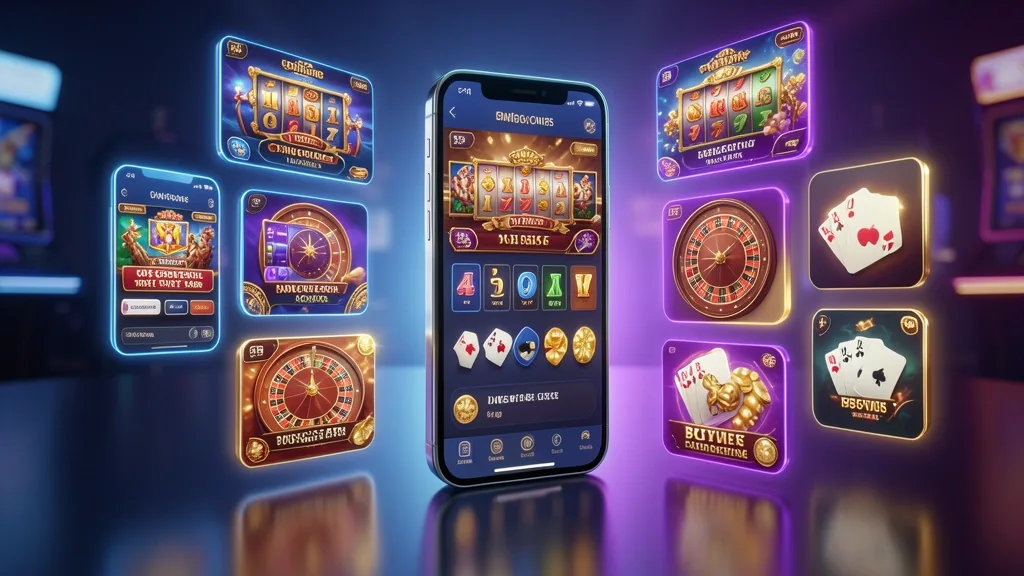 Celular rodeado de tarjetas flotantes con juegos de casino móviles
