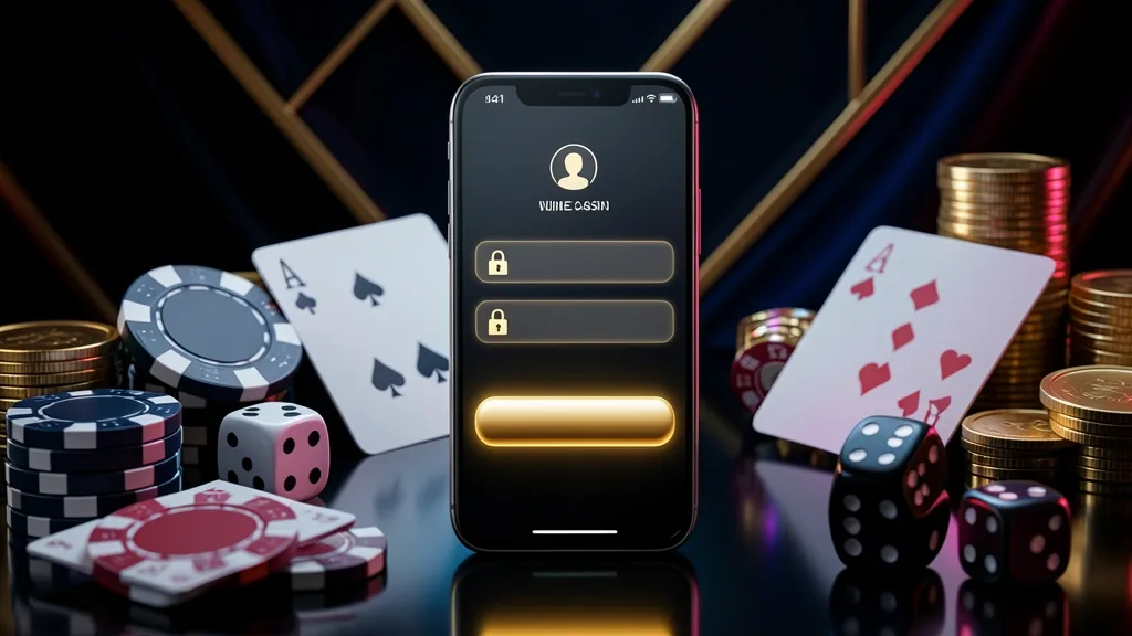 Celular muestra pantalla de inicio de sesión rodeado de elementos de casino