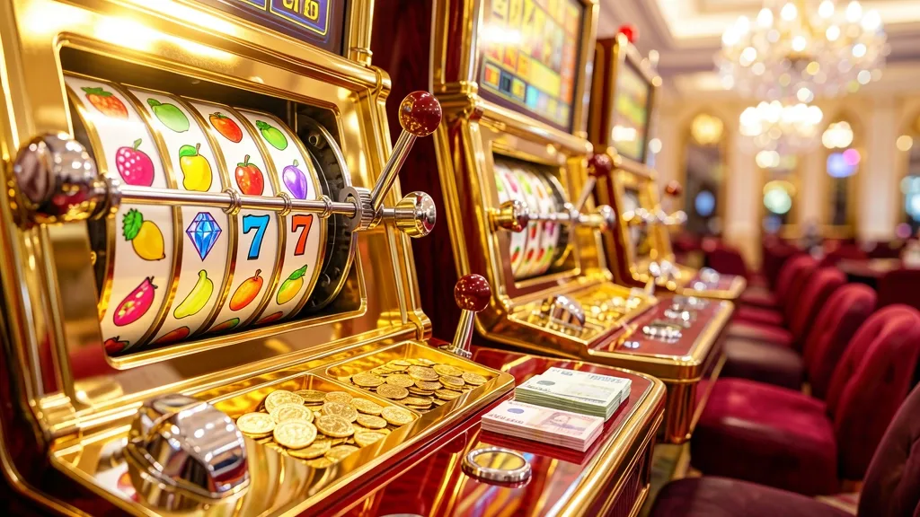 Tragamonedas doradas clásicas con frutas, diamantes, sietes y monedas
