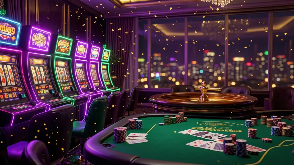 Interior de casino lujoso con tragamonedas, ruleta y fichas doradas