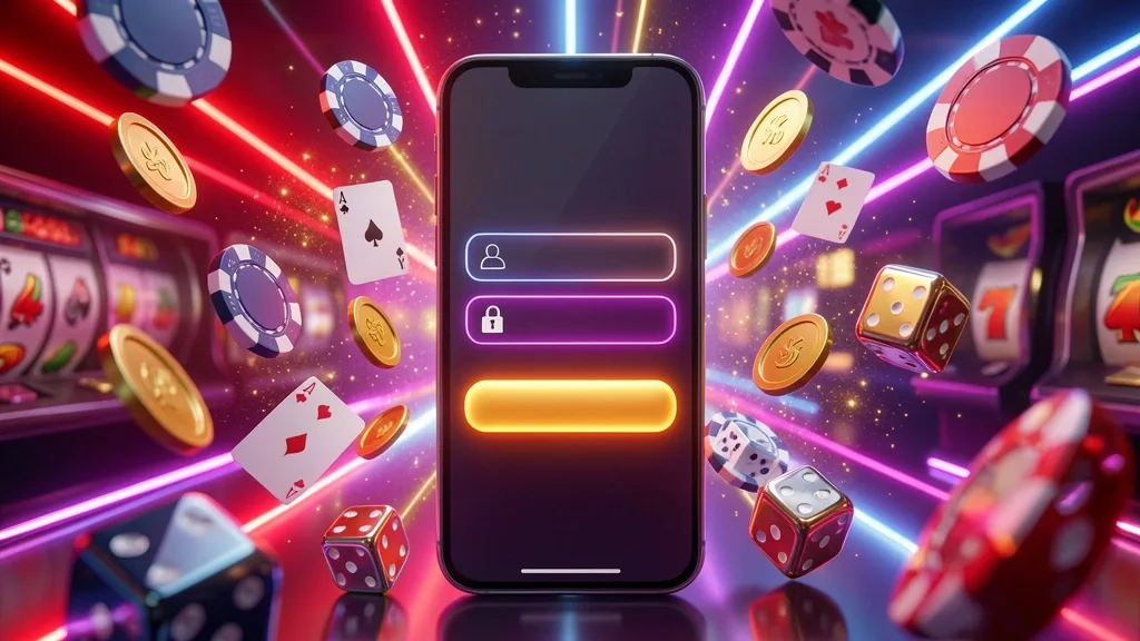 Celular con inicio de sesión rodeado de fichas, cartas y monedas brillantes
